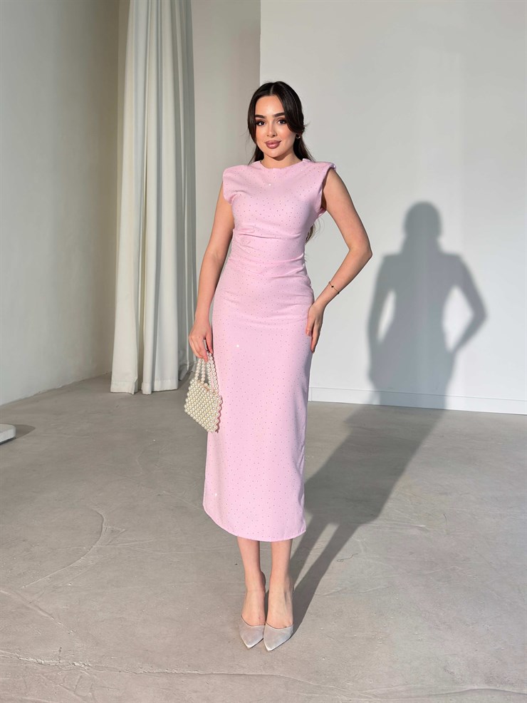 Vatkalı Taşlı Drape Detaylı Midi Boy Pembe Jesep Kadın Elbise 26Y282