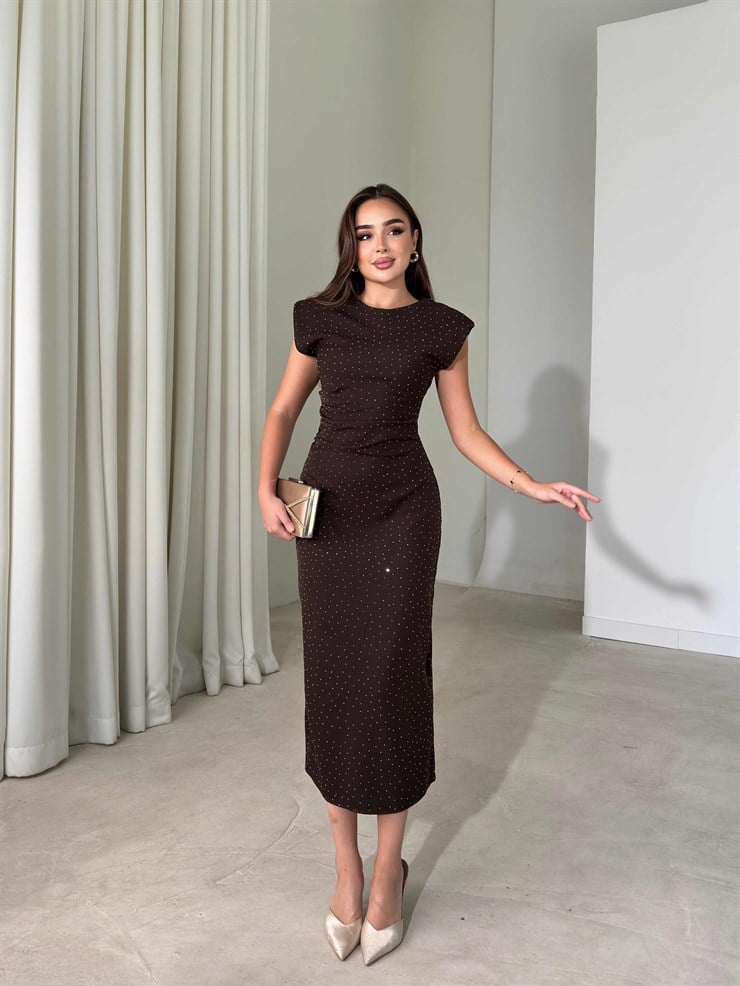 Vatkalı Taşlı Drape Detaylı Midi Boy Kahverengi Jesep Kadın Elbise 26Y282