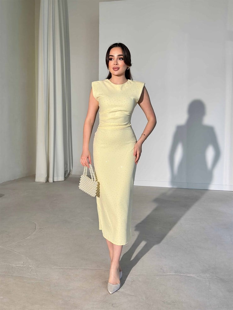 Vatkalı Taşlı Drape Detaylı Midi Boy Sarı Jesep Kadın Elbise 26Y282