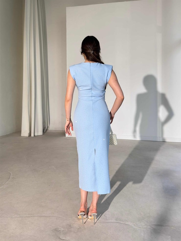 Vatkalı Taşlı Drape Detaylı Midi Boy Mavi Jesep Kadın Elbise 26Y282