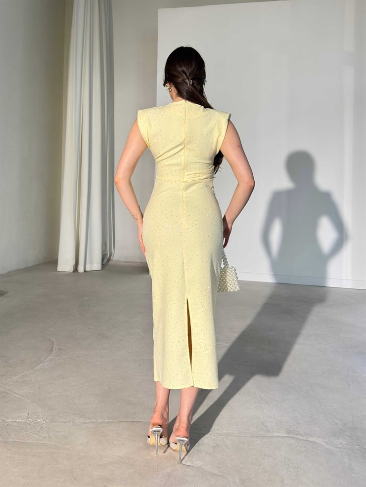 Vatkalı Taşlı Drape Detaylı Midi Boy Sarı Jesep Kadın Elbise 26Y282