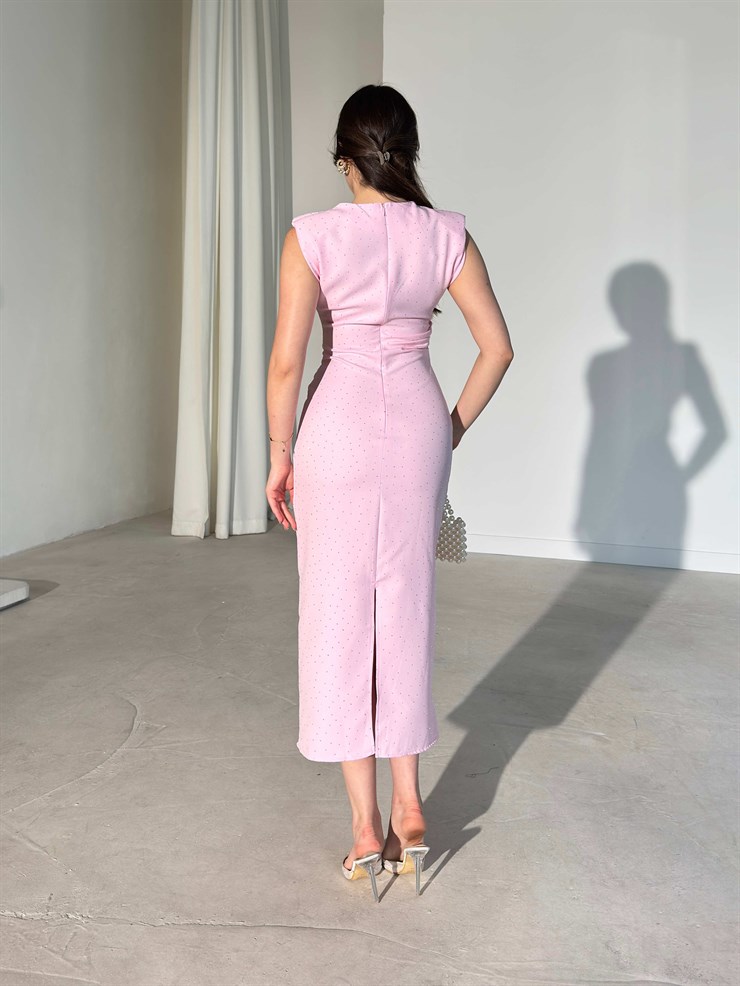 Vatkalı Taşlı Drape Detaylı Midi Boy Pembe Jesep Kadın Elbise 26Y282