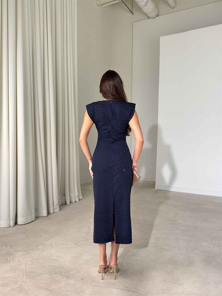 Vatkalı Taşlı Drape Detaylı Midi Boy Lacivert Jesep Kadın Elbise 26Y282