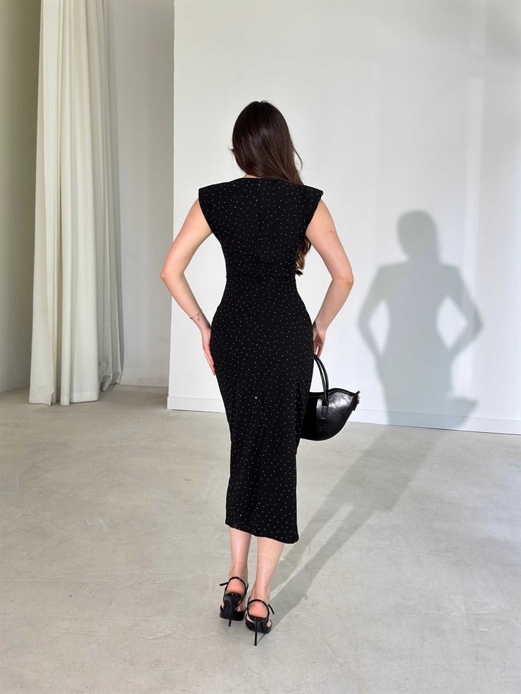 Vatkalı Taşlı Drape Detaylı Midi Boy Siyah Jesep Kadın Elbise 26Y282