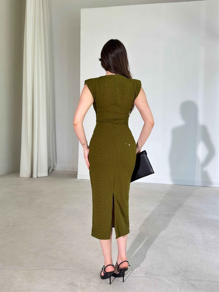 Vatkalı Taşlı Drape Detaylı Midi Boy Yağ Yeşili Jesep Kadın Elbise 26Y282