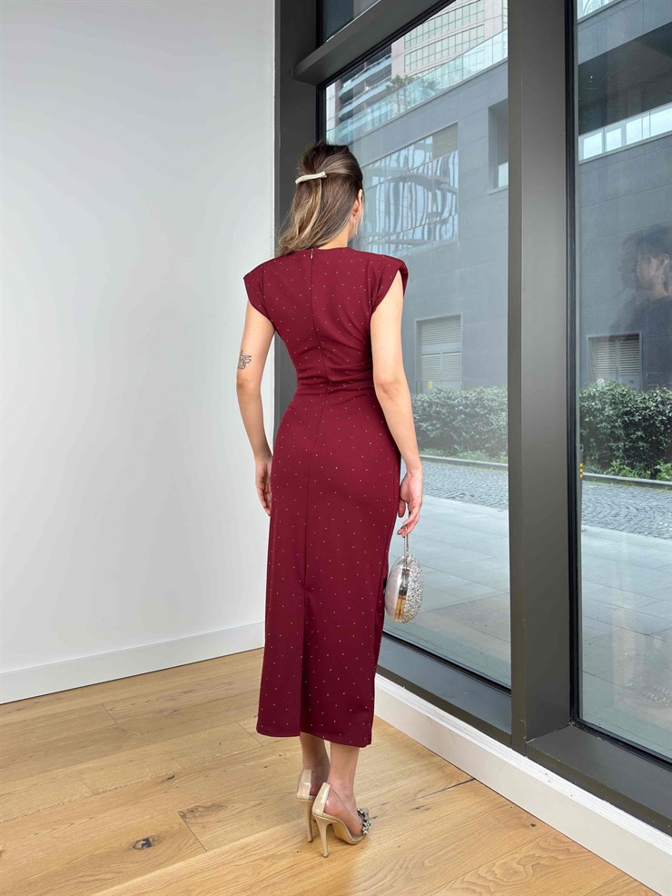 Vatkalı Taşlı Drape Detaylı Midi Boy Bordo Jesep Kadın Elbise 26Y282