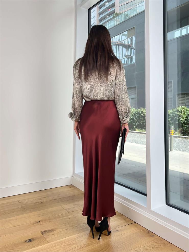 Uzun Saten Jeynner Bordo Kadın Etek 25K310
