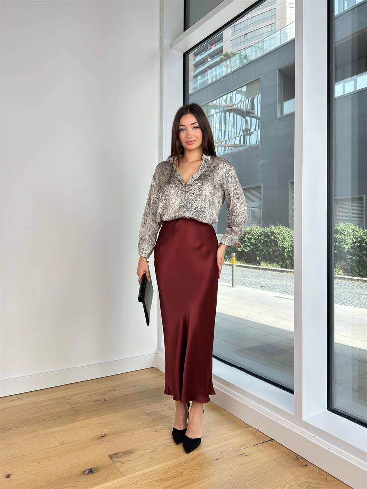 Uzun Saten Jeynner Bordo Kadın Etek 25K310