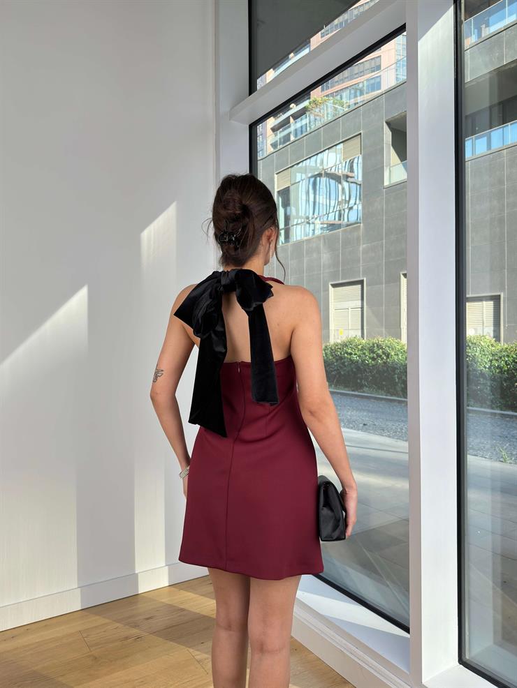 V Yaka Boyundan Bağlamalı Jezer Bordo Kadın Mini Elbise 25K358