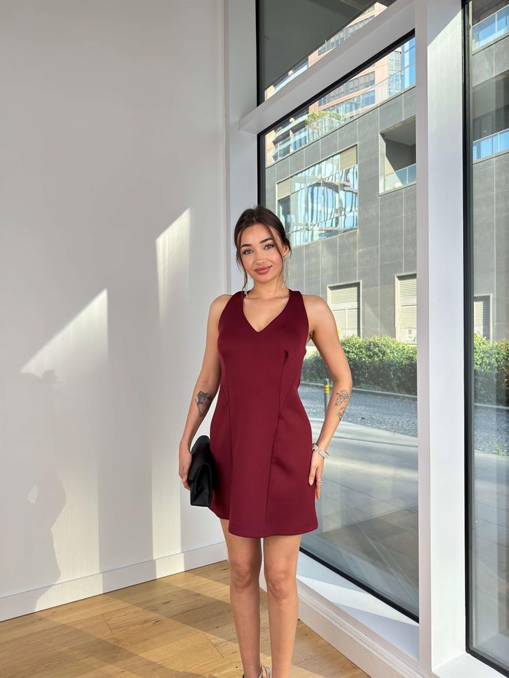V Yaka Boyundan Bağlamalı Jezer Bordo Kadın Mini Elbise 25K358