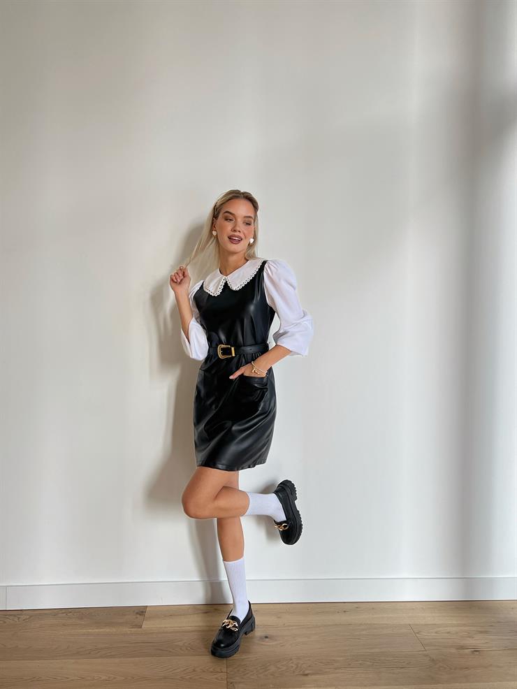 Bebe Yaka İçi Gömlek Kemerli Jhonny Kadın Siyah Vegan Deri Mini Elbise 24k000096