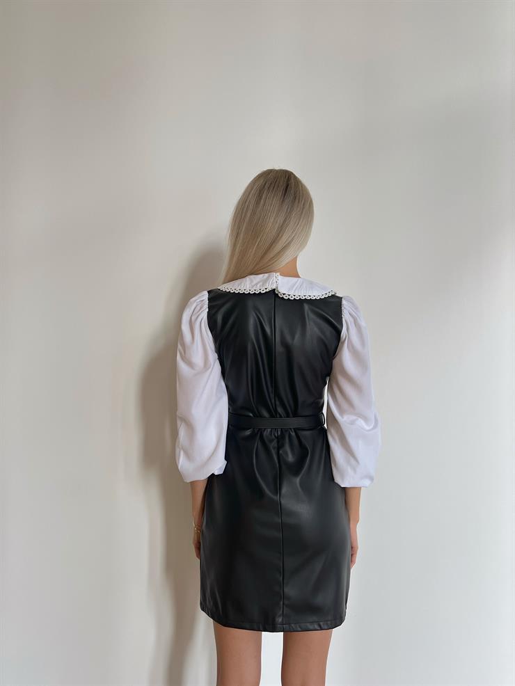 Bebe Yaka İçi Gömlek Kemerli Jhonny Kadın Siyah Vegan Deri Mini Elbise 24k000096