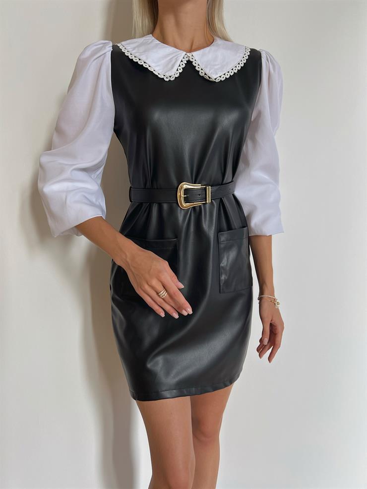 Bebe Yaka İçi Gömlek Kemerli Jhonny Kadın Siyah Vegan Deri Mini Elbise 24k000096