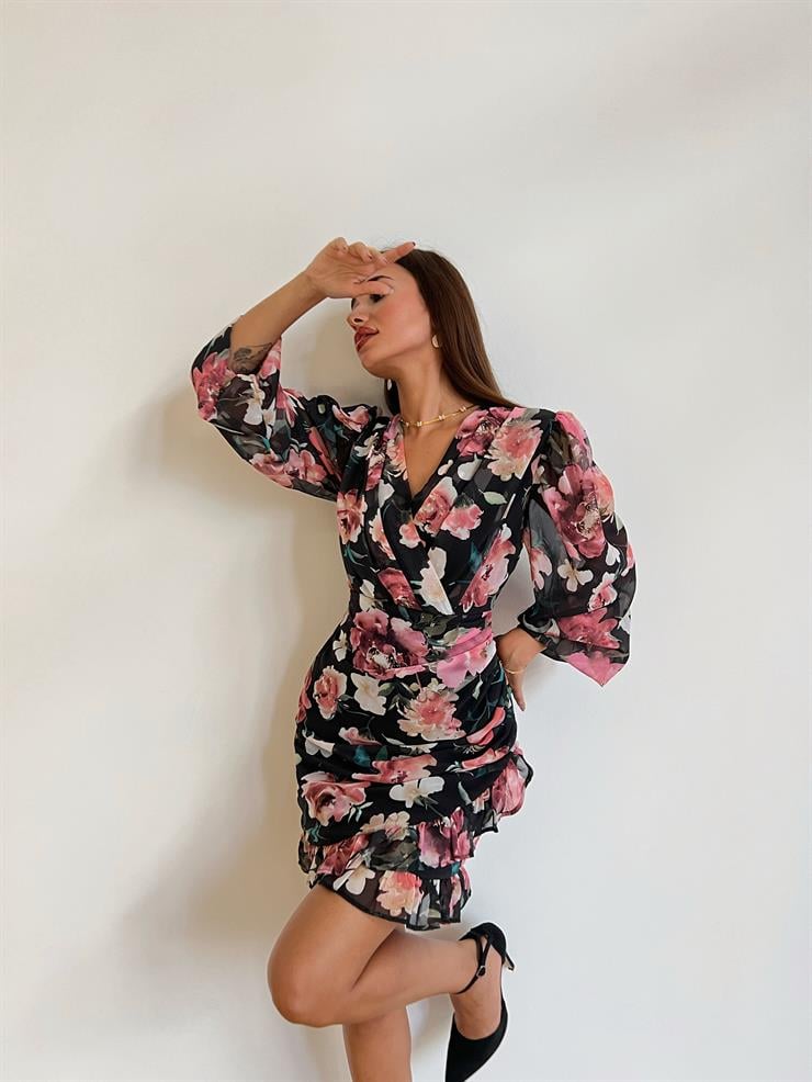 Kruvaze Yaka Eteği Drape Detaylı Jimin Kadın Renkli Çiçekli Mini Elbise 24k000097