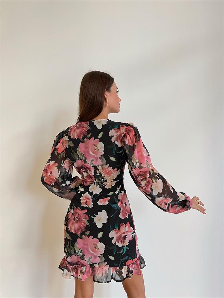 Kruvaze Yaka Eteği Drape Detaylı Jimin Kadın Renkli Çiçekli Mini Elbise 24k000097