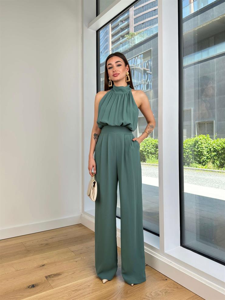 Boğazlı Kolsuz Drapeli Belden Oturtmalı Bol Paça Jiri Kadın Mint Tulum 24Y574