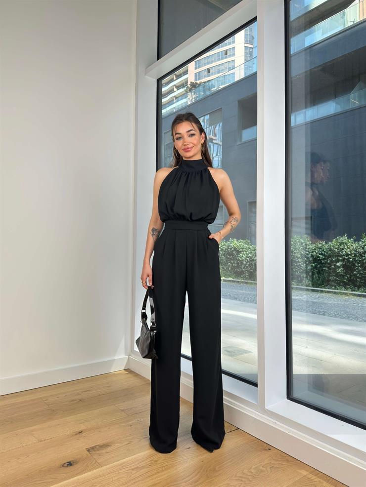 Boğazlı Kolsuz Drapeli Belden Oturtmalı Bol Paça Jiri Kadın Siyah Tulum 24Y574