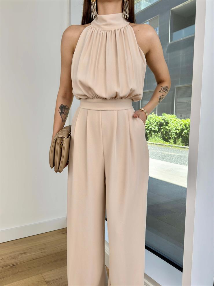 Boğazlı Kolsuz Drapeli Belden Oturtmalı Bol Paça Jiri Kadın Bej Tulum 24Y574