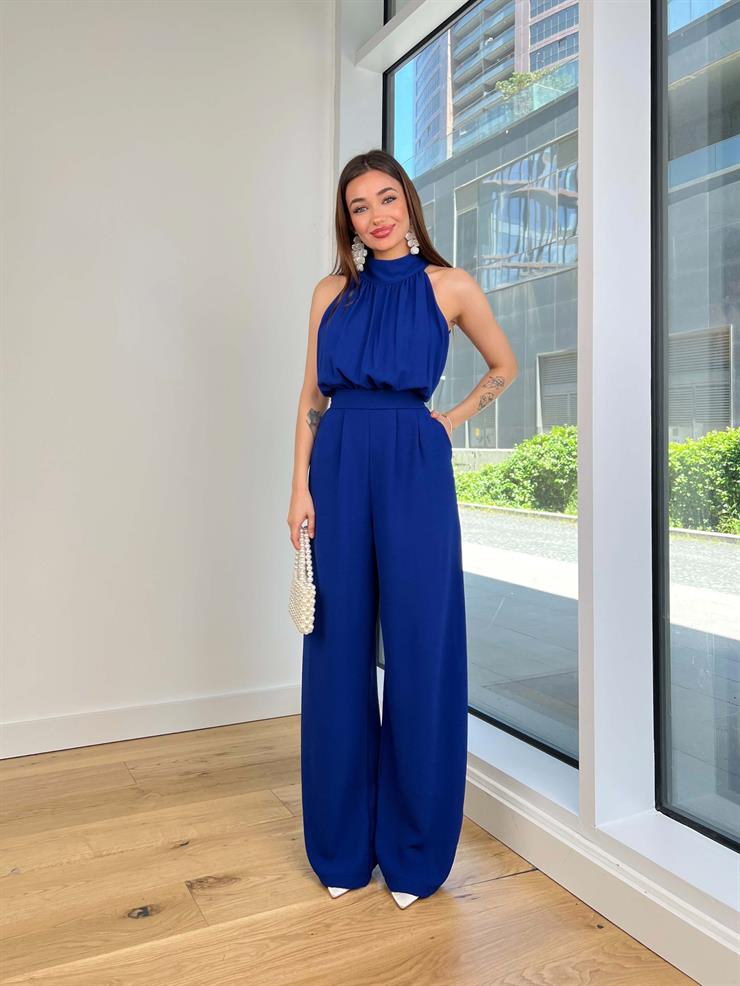 Boğazlı Kolsuz Drapeli Belden Oturtmalı Bol Paça Jiri Kadın Saks Tulum 24Y574