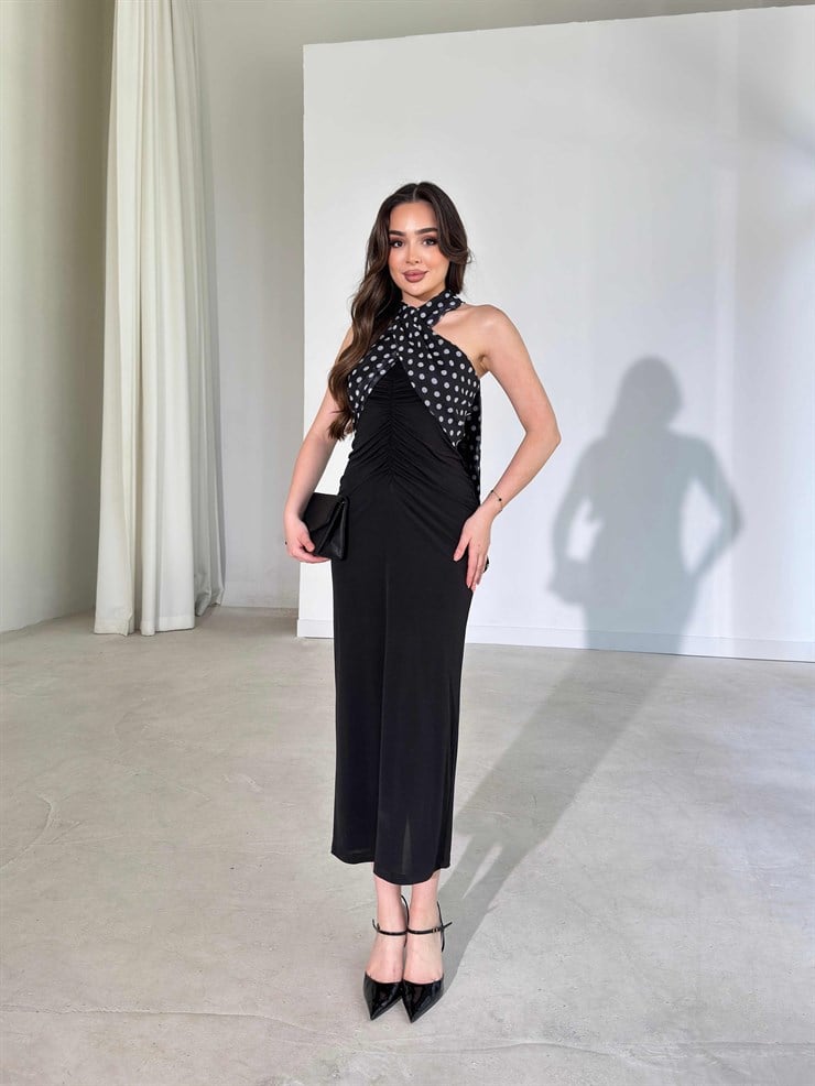 Yakası Ayarlanabilir Puantiyeli Drape Detaylı Midi Siyah Joan Kadın Elbise 26Y285