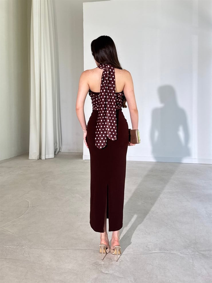 Yakası Ayarlanabilir Puantiyeli Drape Detaylı Midi Kahverengi Joan Kadın Elbise 26Y285