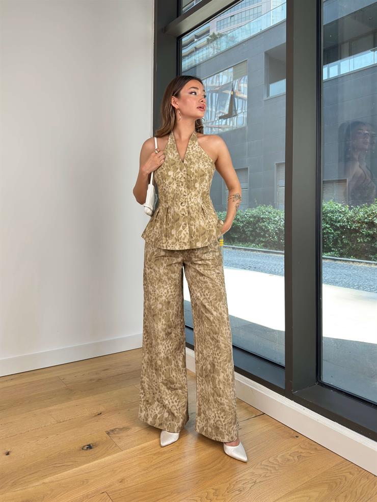 Düğme Kapamalı Boyundan Askılı Yelek Bol Paça Pantolon Jodo Haki Kadın Takım 25Y446