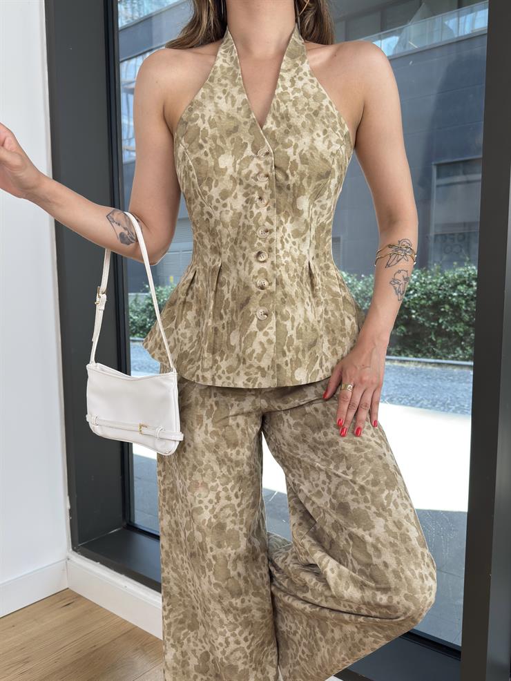 Düğme Kapamalı Boyundan Askılı Yelek Bol Paça Pantolon Jodo Haki Kadın Takım 25Y446