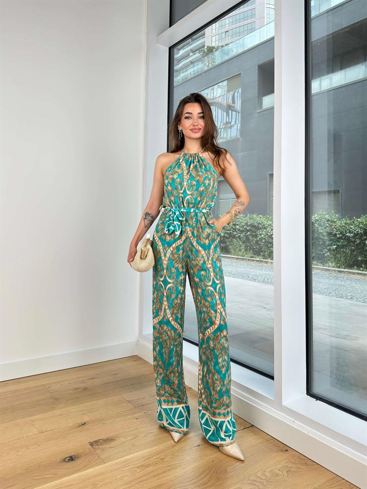 Drapeli Belden Kuşaklı Kolsuz Bol Paça Joglis Kadın Turkuaz Tulum 24Y725