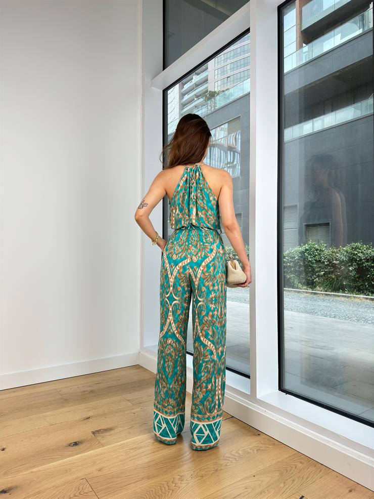 Drapeli Belden Kuşaklı Kolsuz Bol Paça Joglis Kadın Turkuaz Tulum 24Y725