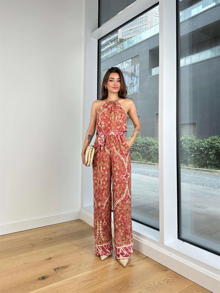 Drapeli Belden Kuşaklı Kolsuz Bol Paça Joglis Kadın Pudra Tulum 24Y725