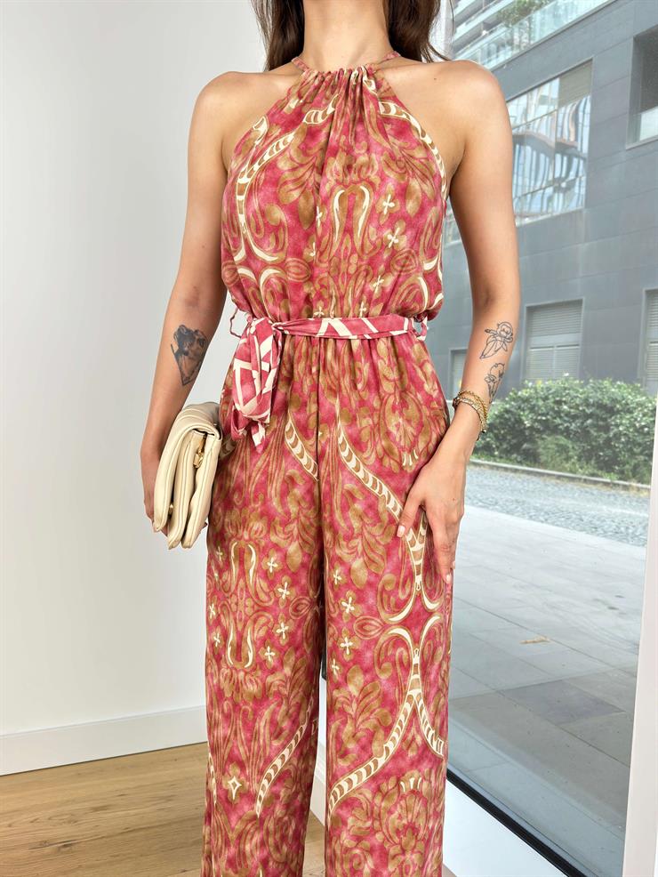 Drapeli Belden Kuşaklı Kolsuz Bol Paça Joglis Kadın Pudra Tulum 24Y725