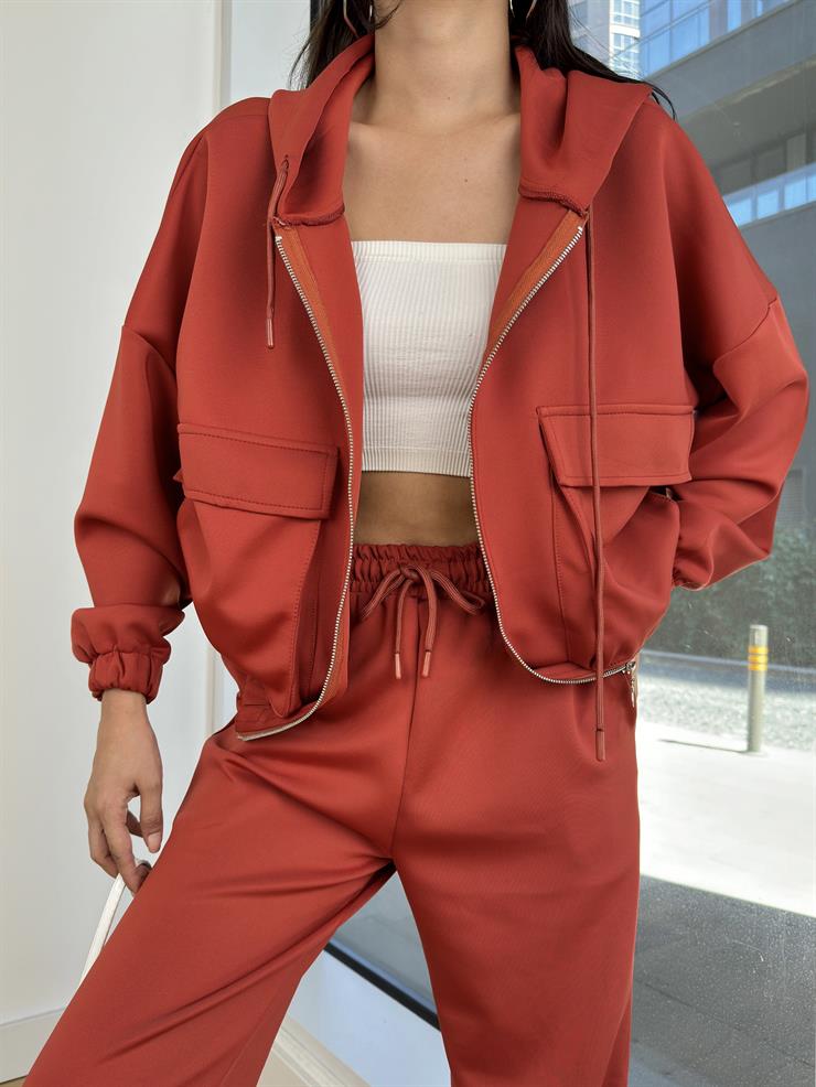 Kapüşonlu Önü Fermuar Kapamalı Sweatshirt Beli Lastikli Ve Bağcıklı Eşofman Altı Johan Kiremit Kadın Takım 25K105