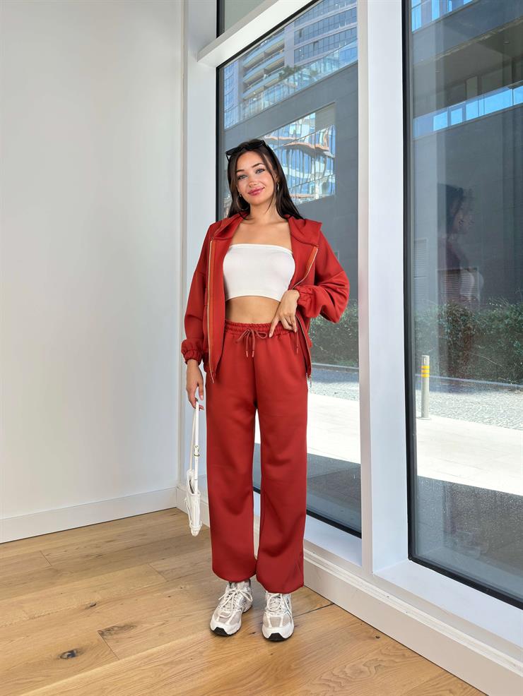 Kapüşonlu Önü Fermuar Kapamalı Sweatshirt Beli Lastikli Ve Bağcıklı Eşofman Altı Johan Kiremit Kadın Takım 25K105