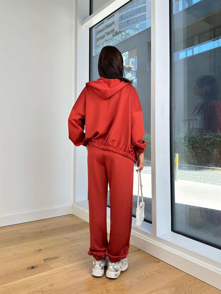 Kapüşonlu Önü Fermuar Kapamalı Sweatshirt Beli Lastikli Ve Bağcıklı Eşofman Altı Johan Kiremit Kadın Takım 25K105
