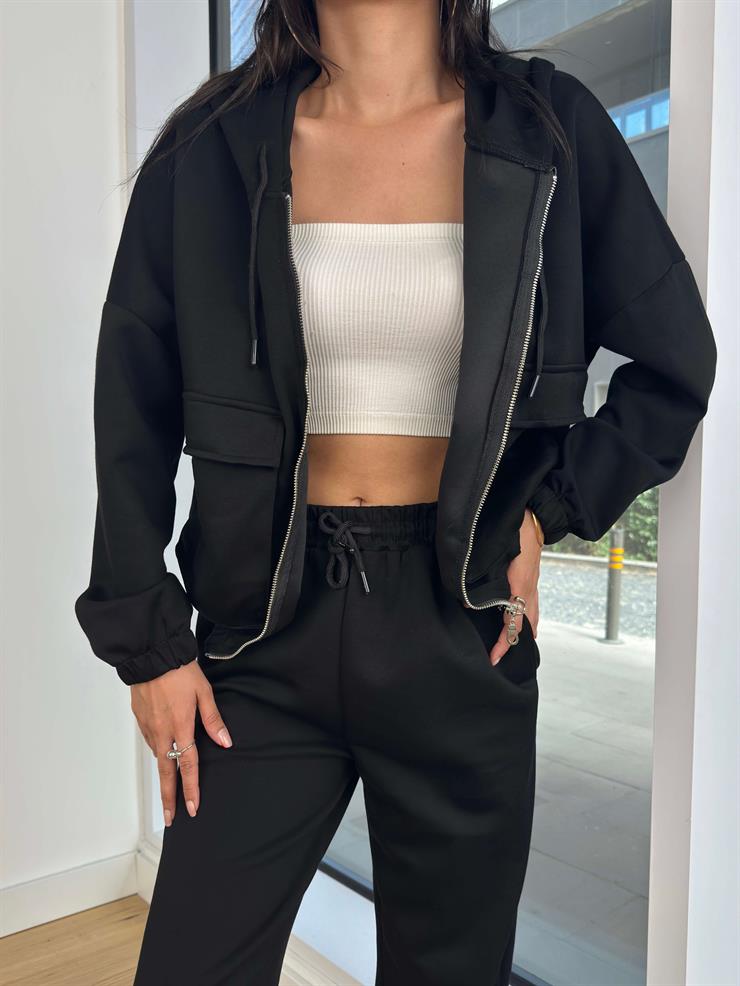 Kapüşonlu Önü Fermuar Kapamalı Sweatshirt Beli Lastikli Ve Bağcıklı Eşofman Altı Johan Siyah Kadın Takım 25K105