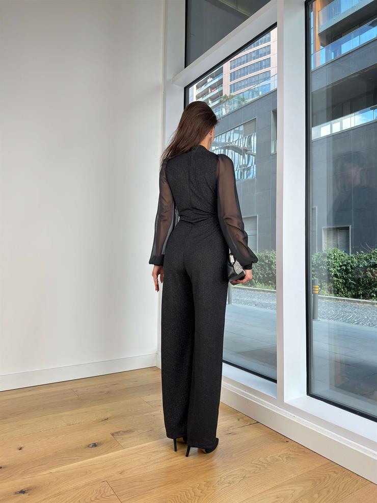 Derin V Yaka Önden Bağlamalı Kolları Tül Johari Siyah Kadın Simli Tulum 25K304