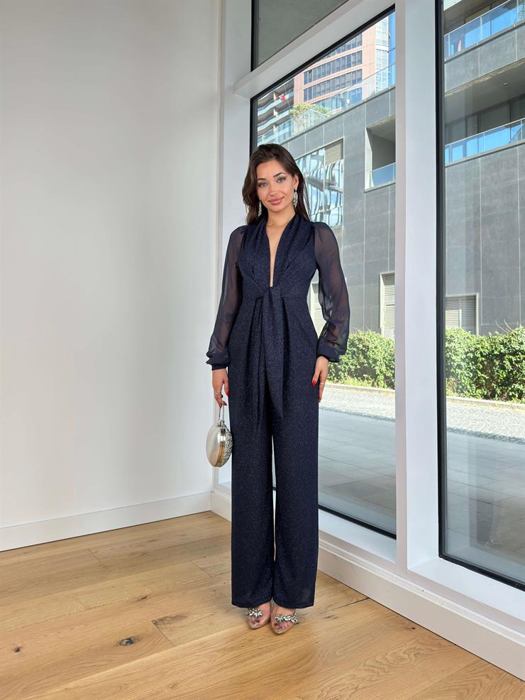 Derin V Yaka Önden Bağlamalı Kolları Tül Johari Lacivert Kadın Simli Tulum 25K304