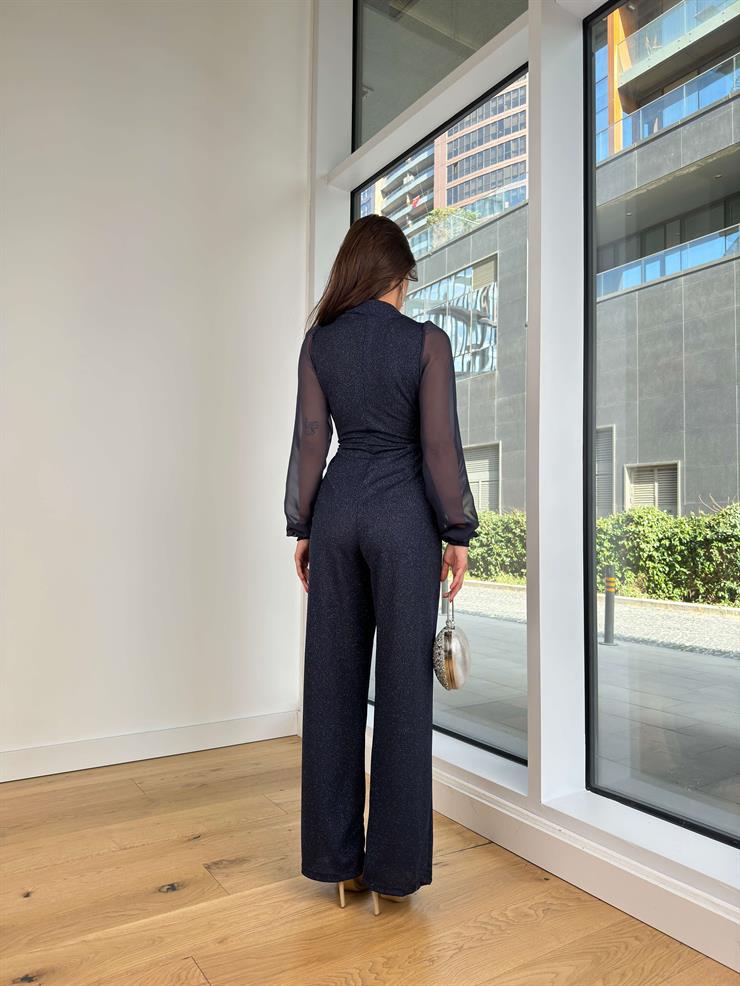 Derin V Yaka Önden Bağlamalı Kolları Tül Johari Lacivert Kadın Simli Tulum 25K304