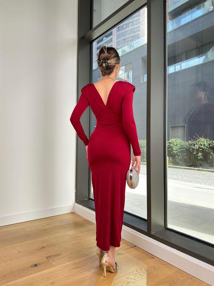 Derin V Yaka Uzun Kol John Bordo Kadın Elbise 25K498