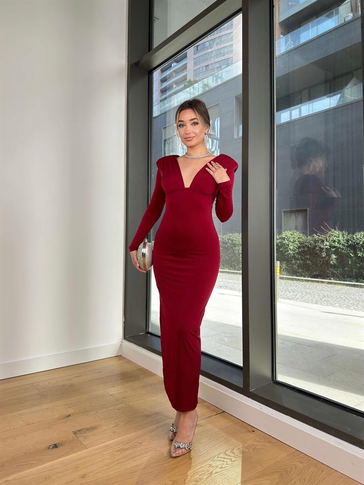 Derin V Yaka Uzun Kol John Bordo Kadın Elbise 25K498