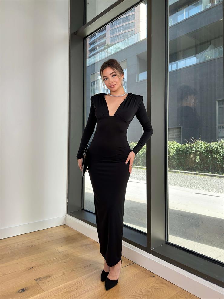 Derin V Yaka Uzun Kol John Siyah Kadın Elbise 25K498