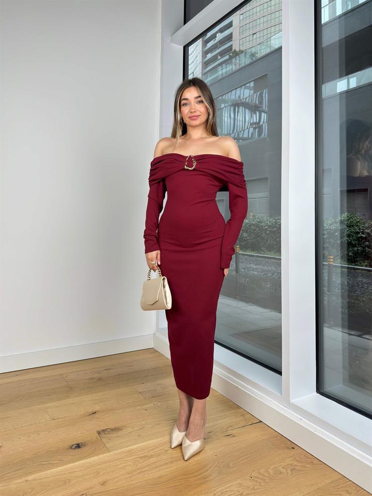 Madonna Yaka Uzun Kol Aksesuarlı Joina Bordo Kadın Elbise 25K444