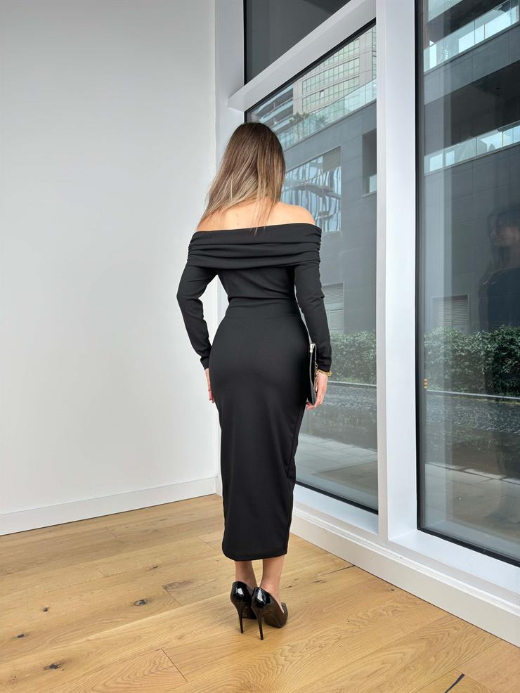 Madonna Yaka Uzun Kol Aksesuarlı Joina Siyah Kadın Elbise 25K444