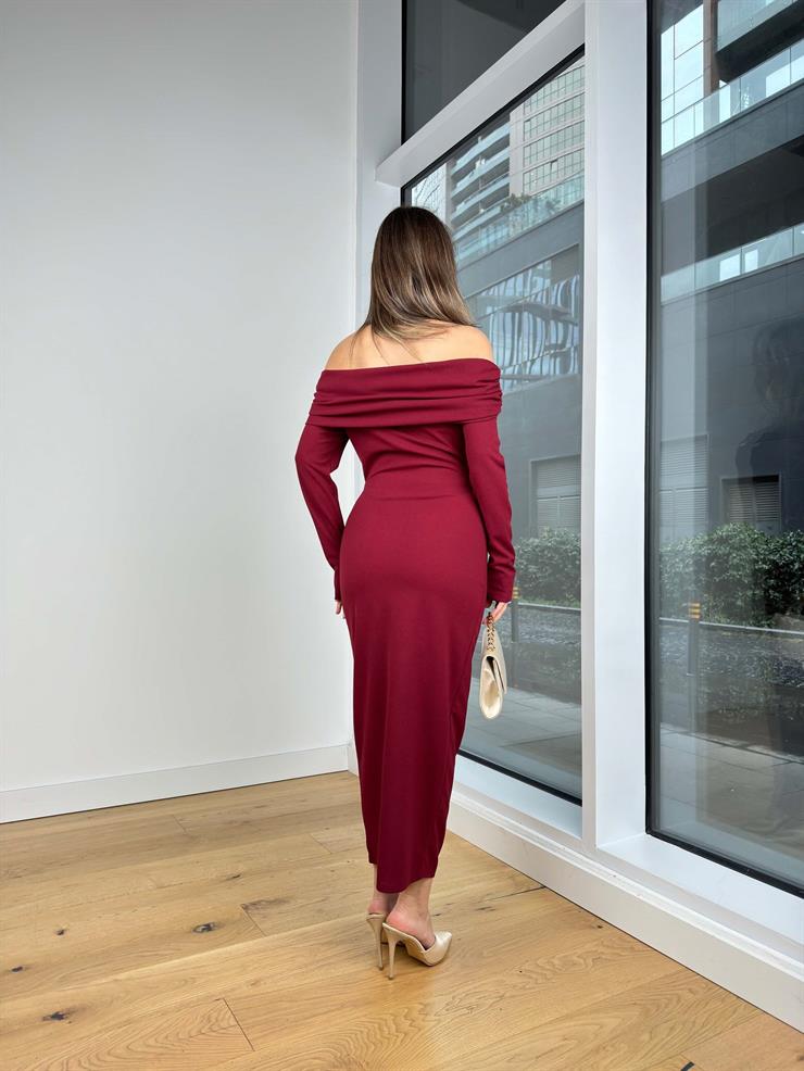 Madonna Yaka Uzun Kol Aksesuarlı Joina Bordo Kadın Elbise 25K444