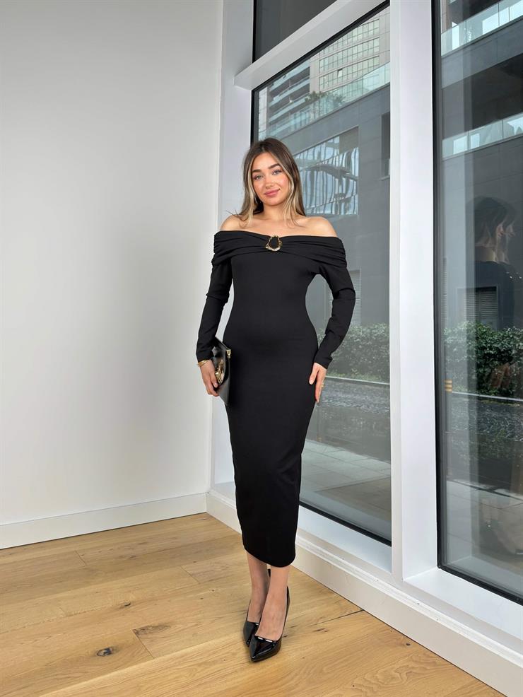 Madonna Yaka Uzun Kol Aksesuarlı Joina Siyah Kadın Elbise 25K444