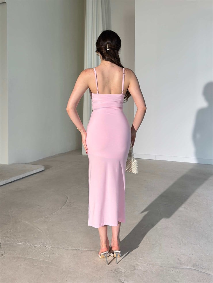 İnce Askılı Yırtmaçlı Midi Boy Pembe Jolie Kadın Elbise 26Y304