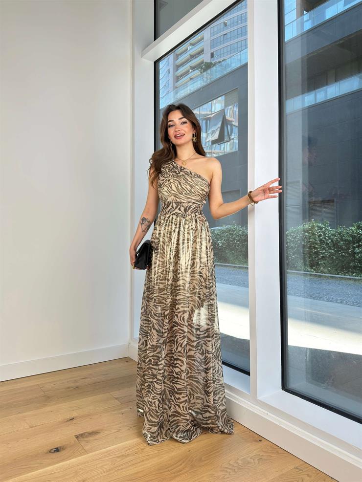 Tek Omuz Askılı Belden Oturtmalı Jolio Kadın Kahve Desenli Elbise 24Y639