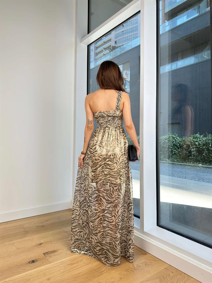 Tek Omuz Askılı Belden Oturtmalı Jolio Kadın Kahve Desenli Elbise 24Y639