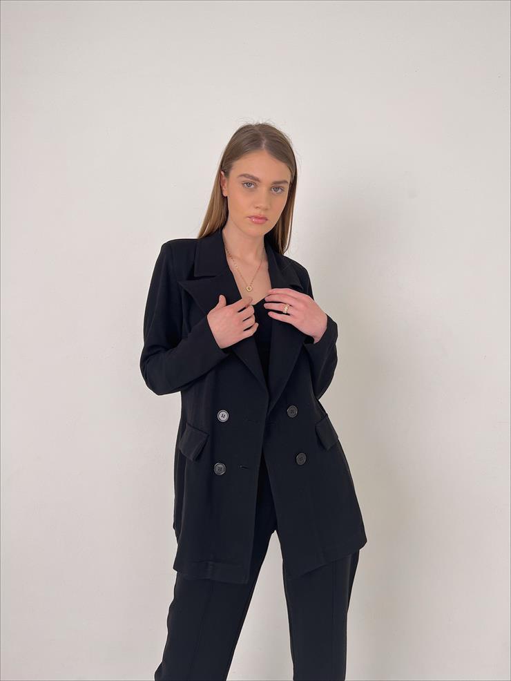 Kuplu Bluz Blazer Ceket Pantolon Jones Kadın Siyah Üçlü Takım 23Y000108