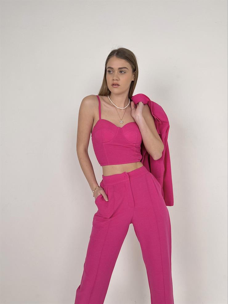 Kuplu Bluz Blazer Ceket Pantolon Jones Kadın Pembe Üçlü Takım 23Y000108
